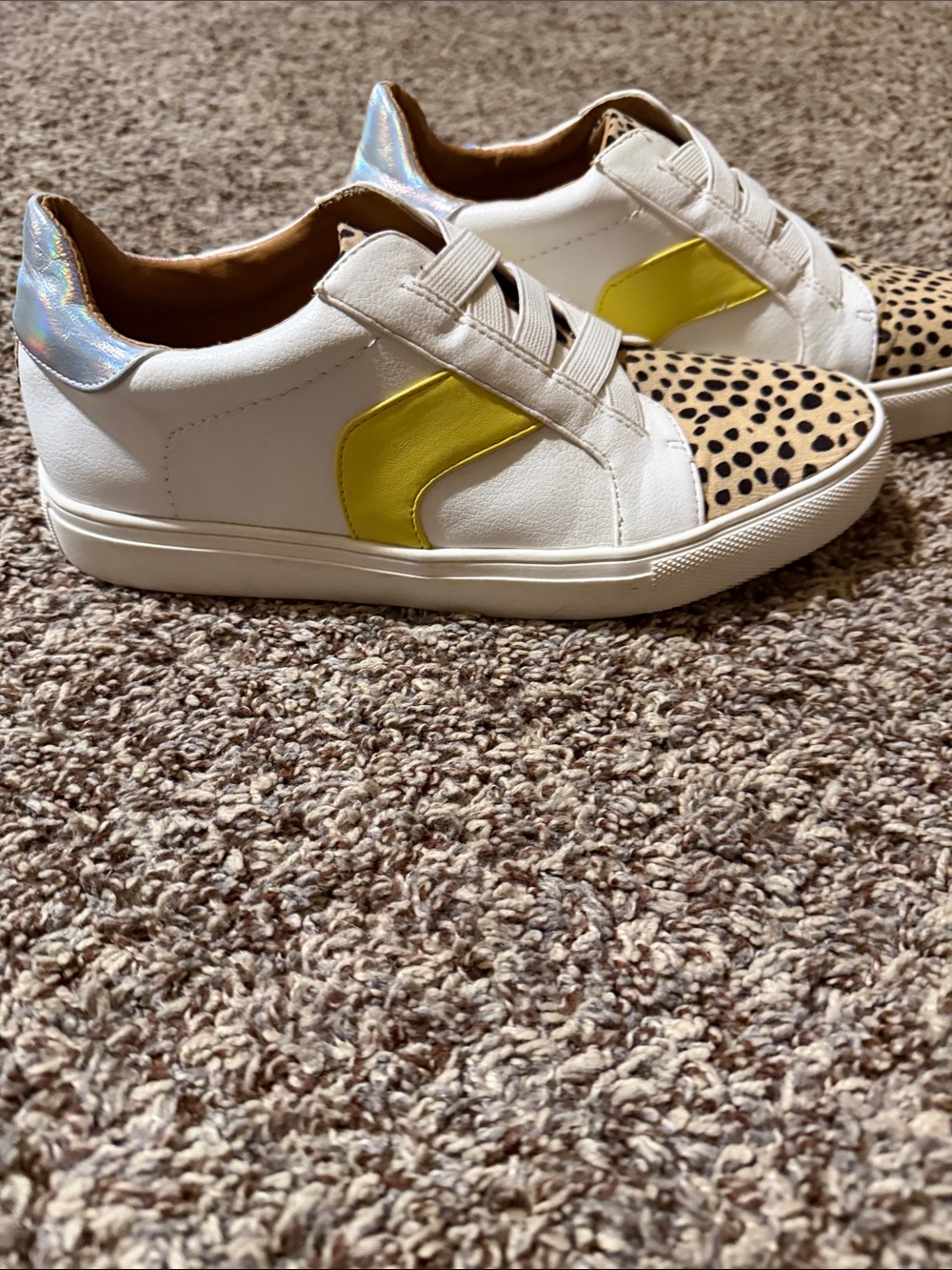 LadiesWhite Sneakers with Yellow Accent and Leopard Toe Size 6 $30